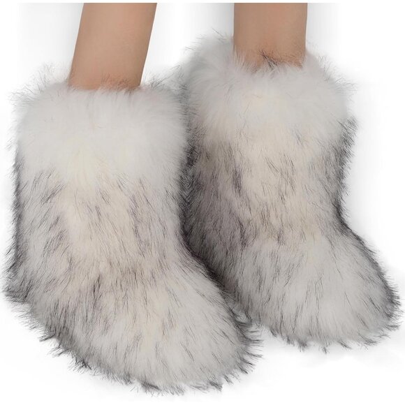 ⚡Women's White Faux Fur Warm Boot Furry Short Snow Boot Mid Calf Boots - Picture 2 of 7